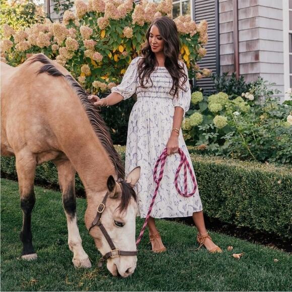 JessKae The Fox Group Quincy Horse Equestrian Midi Smocked Dress Blue Small - Picture 3 of 15